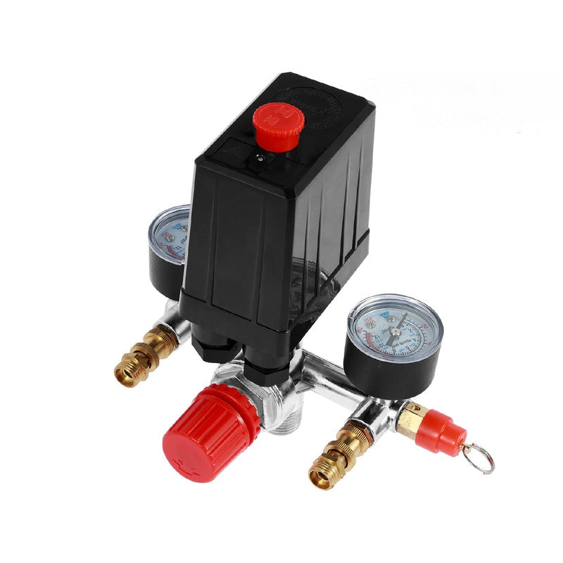 Pressure switch for air compressor showing black casing and red safety cap