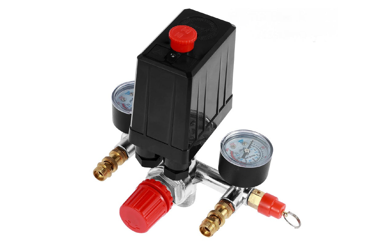 Close up of pressure switch for air compressor copper air regulator detail