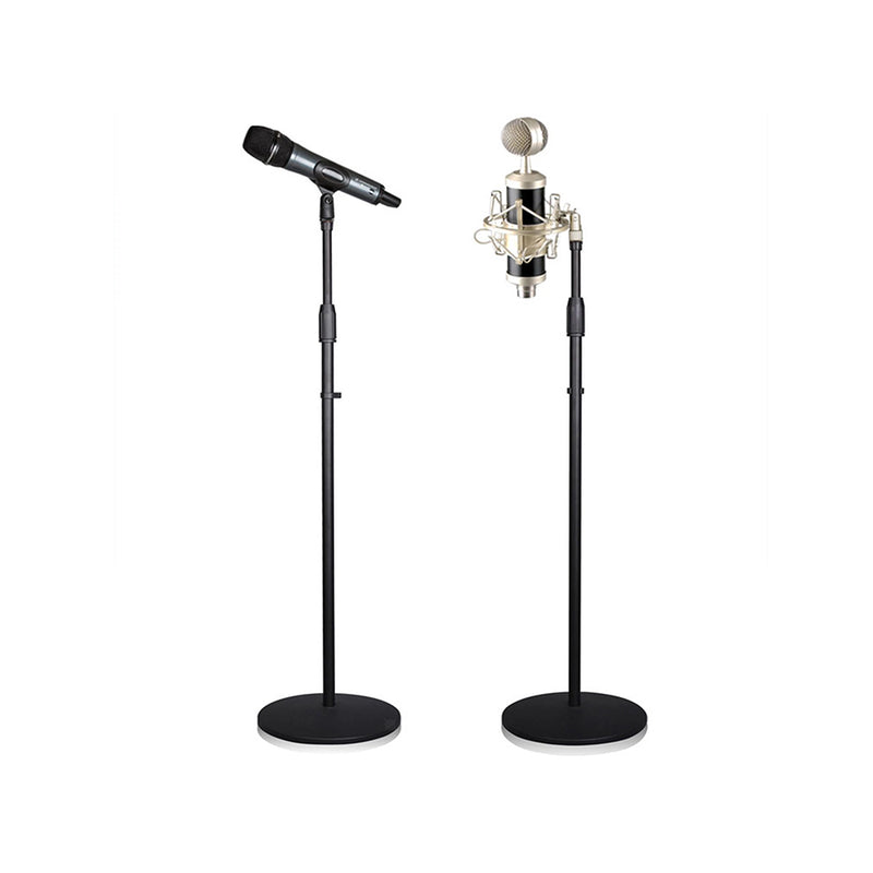 Adjustable microphone stand showing full height in black metal