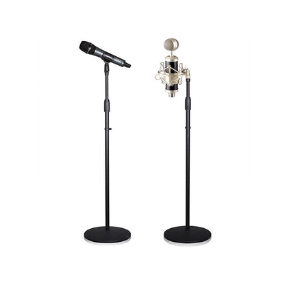 Adjustable microphone stand showing full height in black metal