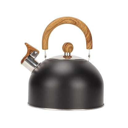 Whistling kettle stainless steel side view showing black finish