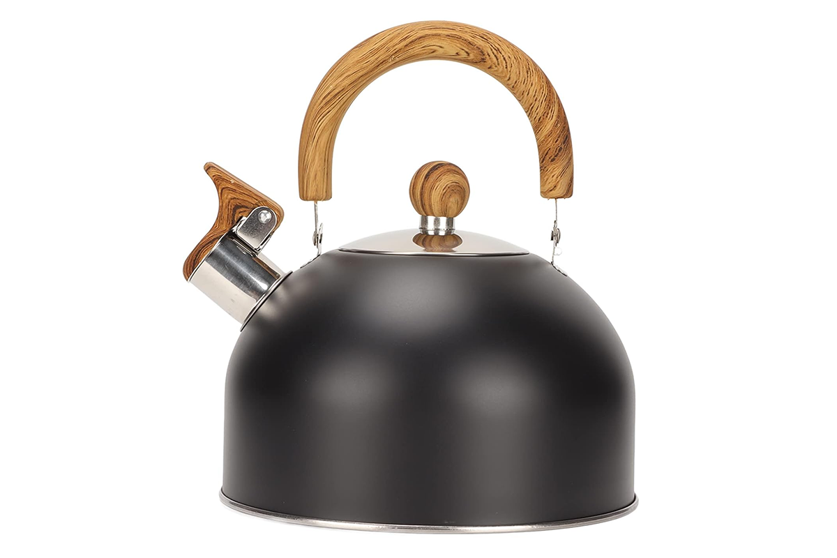 Top view of whistling kettle stainless steel with dust cover