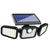Solar motion sensor light showing front view with 74 warm white LEDs
