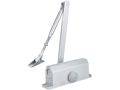 Close-up of hydraulic mechanism on automatic door closer reversible