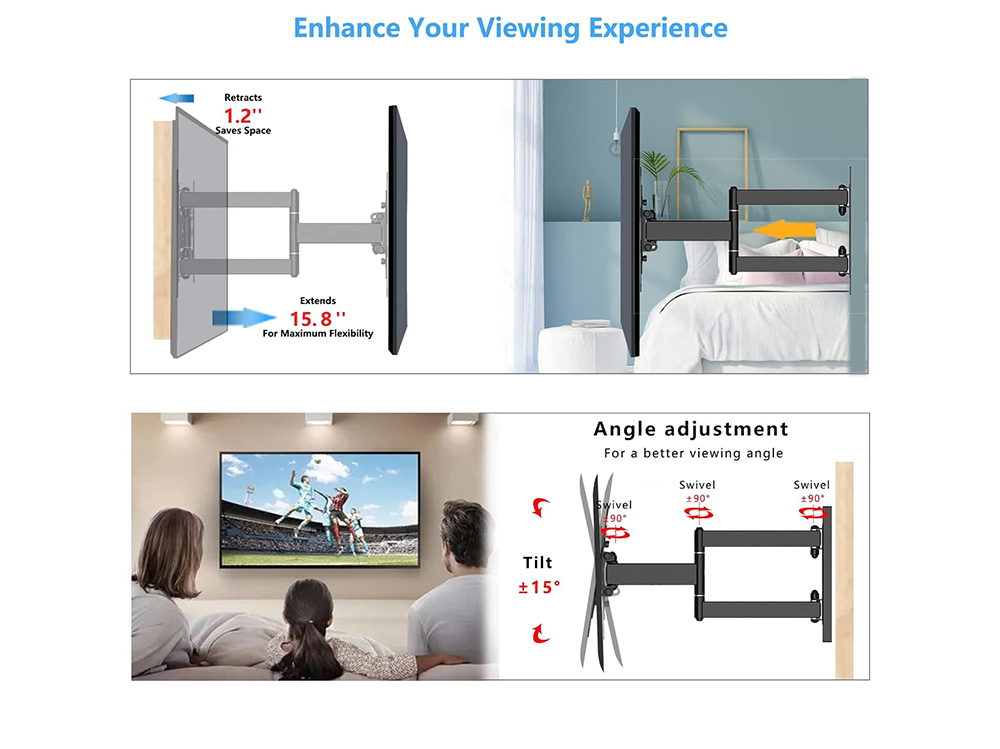 Black steel TV wall mount bracket front angle view