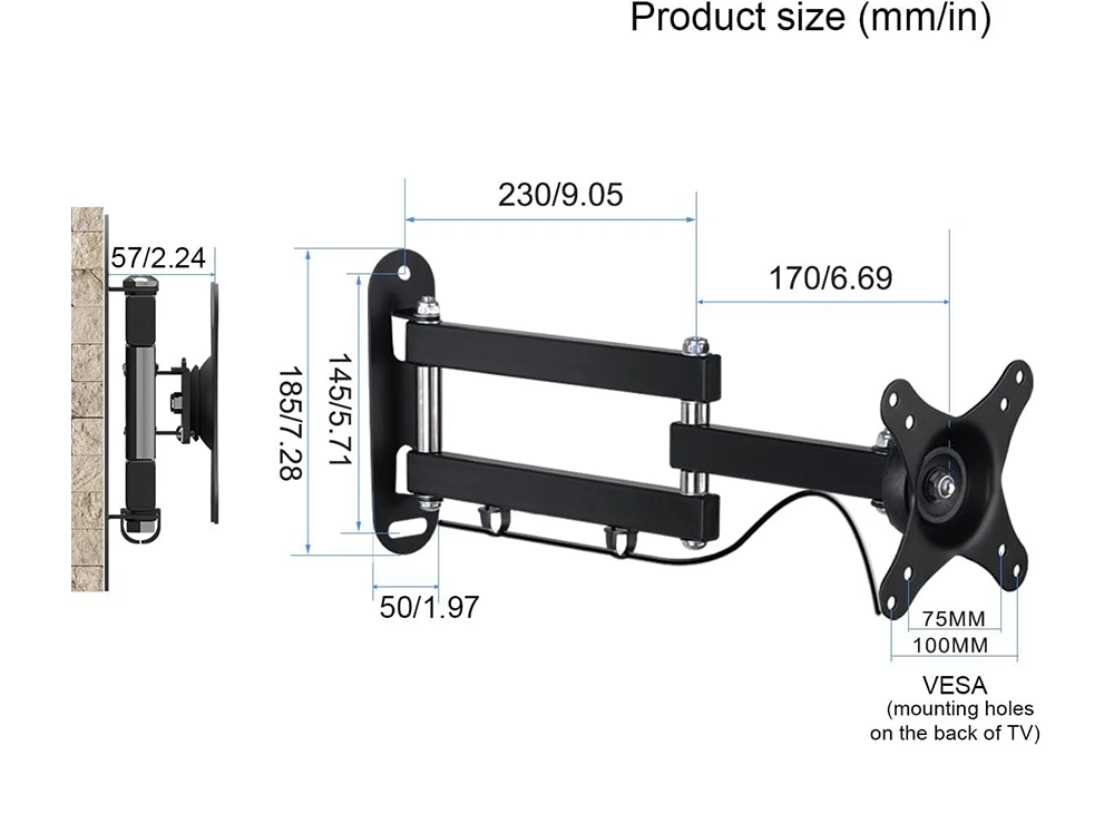 Black steel TV wall mount bracket front angle view