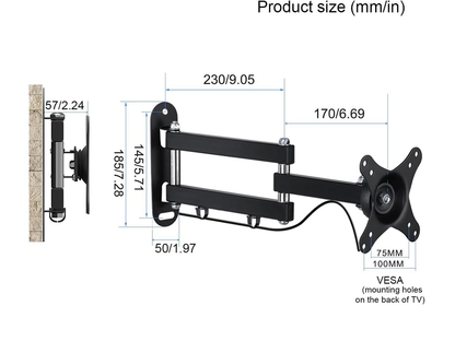 Black steel TV wall mount bracket front angle view