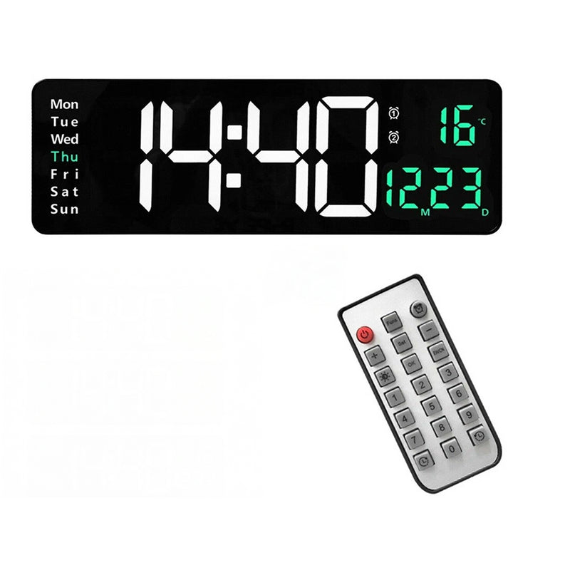 Digital wall clock 16 inch showing green temperature display