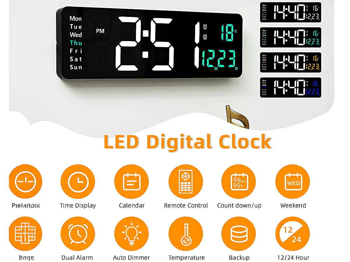 Close up of digital wall clock 16 inch large 4 inch numerals