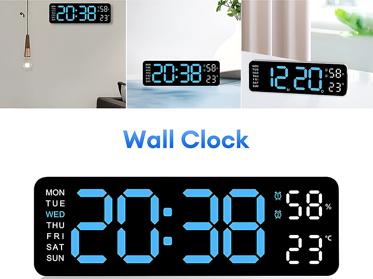 Digital wall clock 16 inch with dual alarm feature visible