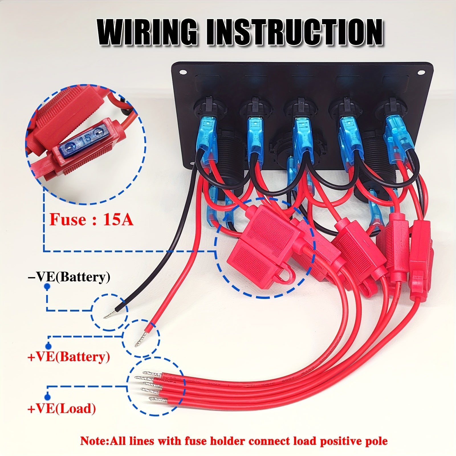 Rocker switch panel with built-in fuse protection detail