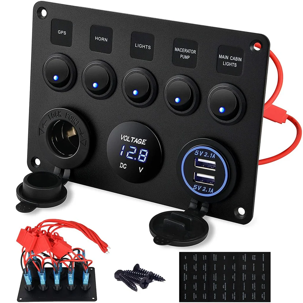 Black aluminium rocker switch panel with cigarette lighter socket