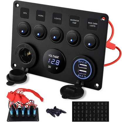 Black aluminium rocker switch panel with cigarette lighter socket