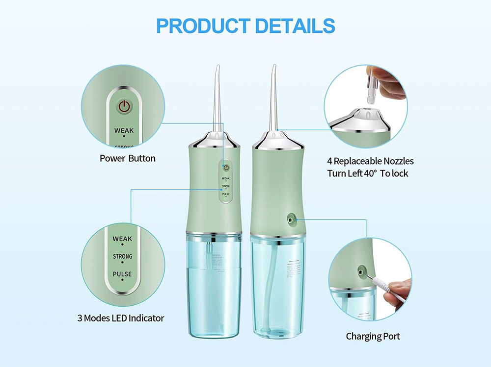 Portable water flosser cordless green USB charging port detail