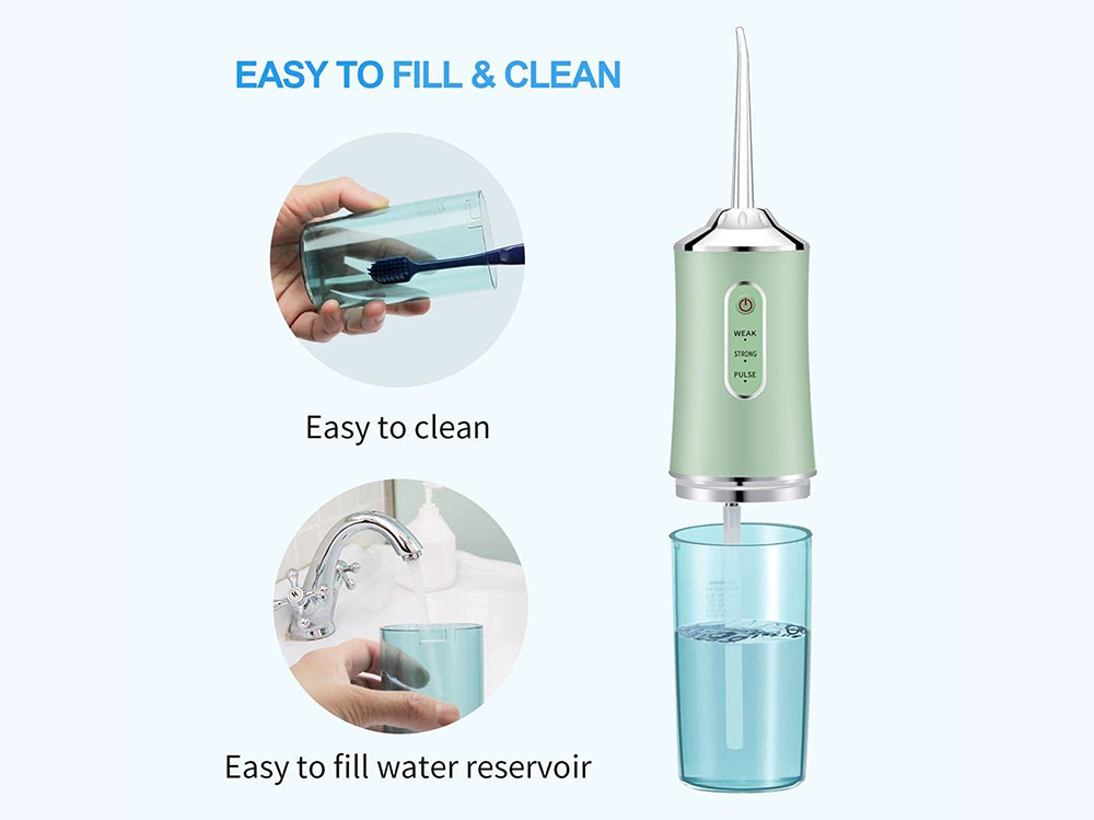 Portable water flosser cordless green showing LED mode indicators