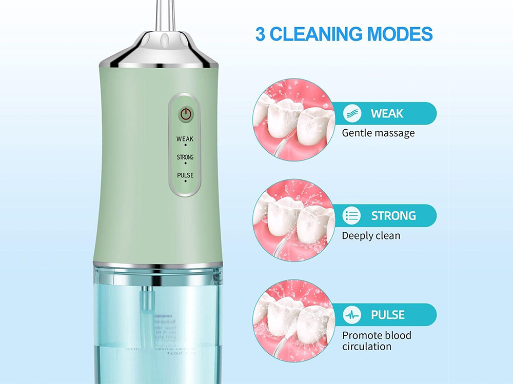 Portable water flosser cordless green demonstrating pulse cleaning mode