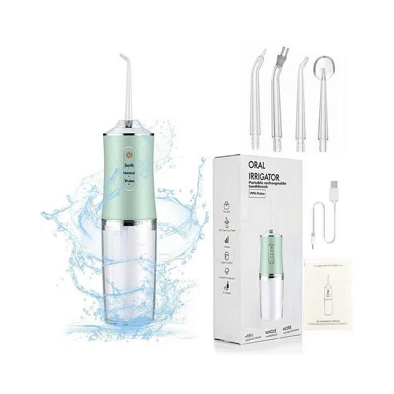 Portable water flosser cordless green side view showing ergonomic handle