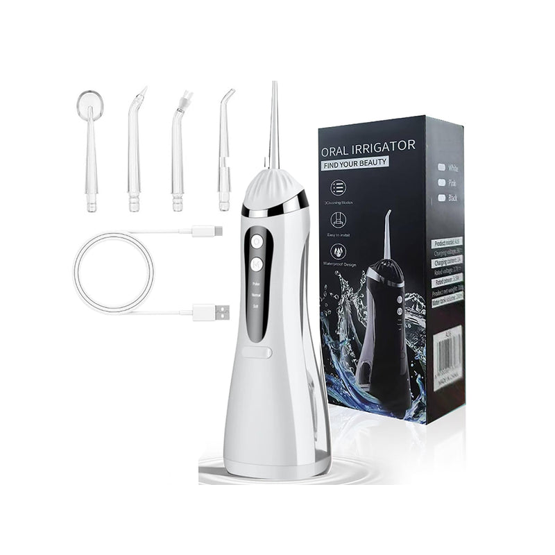 Water flosser cordless oral irrigator showing white body and compact design