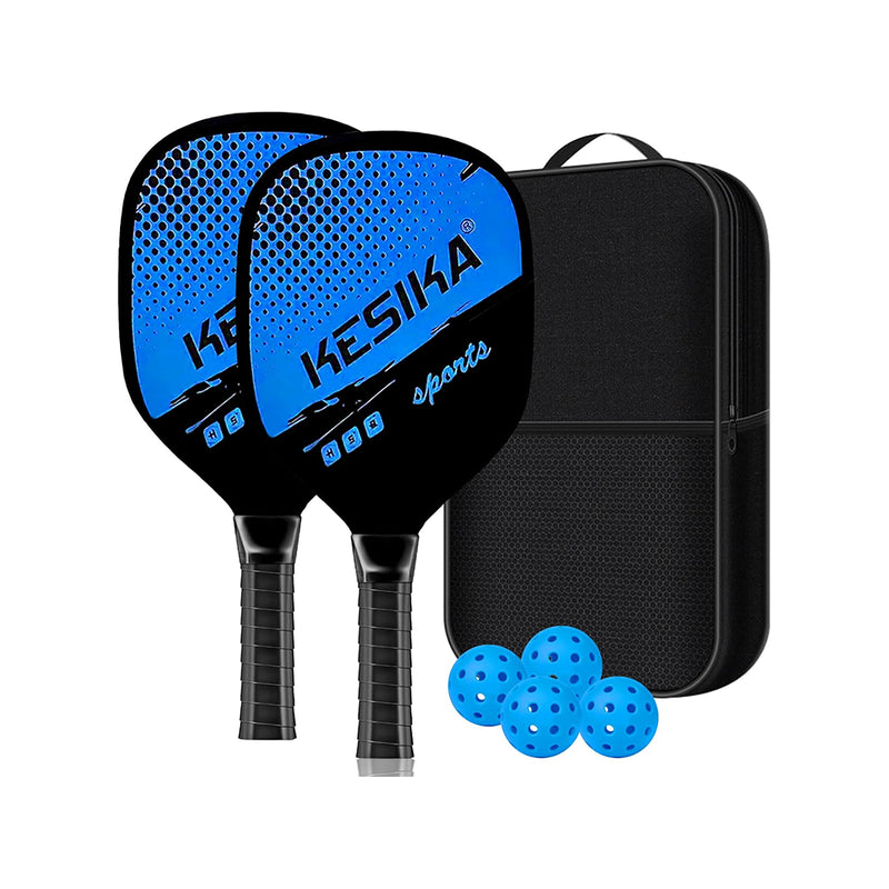 Pickleball set showing black and blue paddles with textured surface