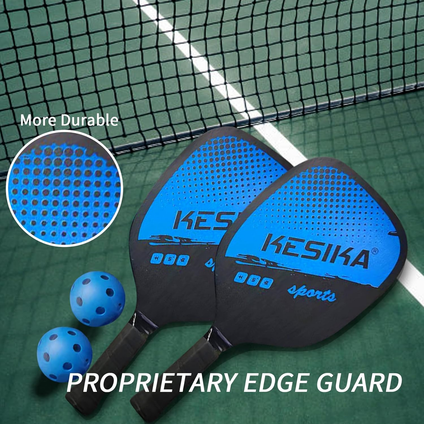Pickleball set paddles and balls displayed on indoor court surface
