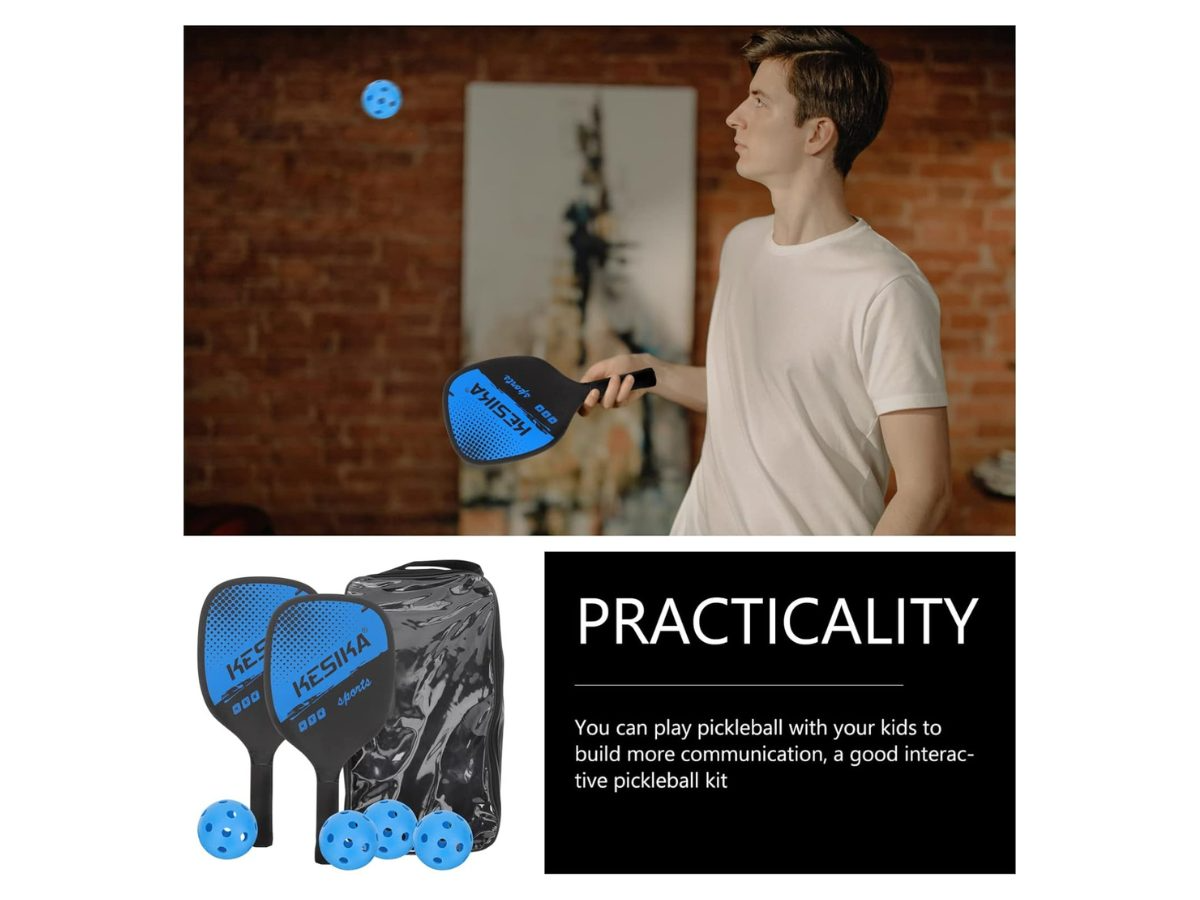 Pickleball set paddles and balls displayed on indoor court surface
