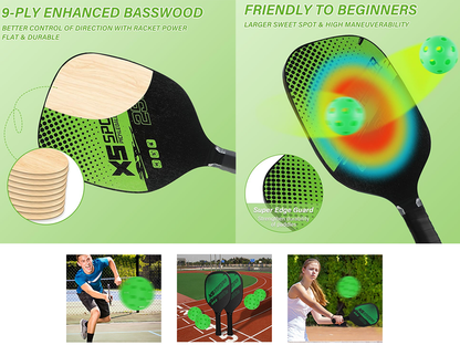 Four aerodynamic pickleballs included in the set on white background