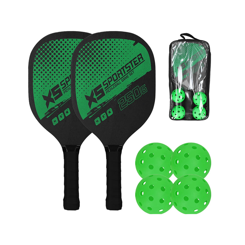 Pickleball set showing two black and green paddles side view