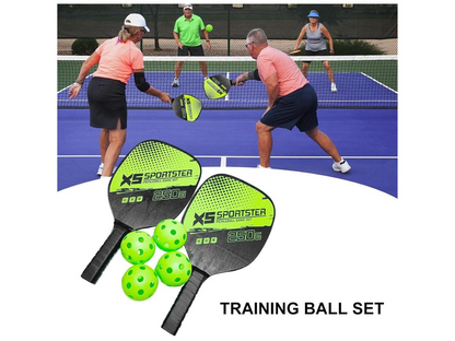 Pickleball set displayed with paddles crossed and balls in front