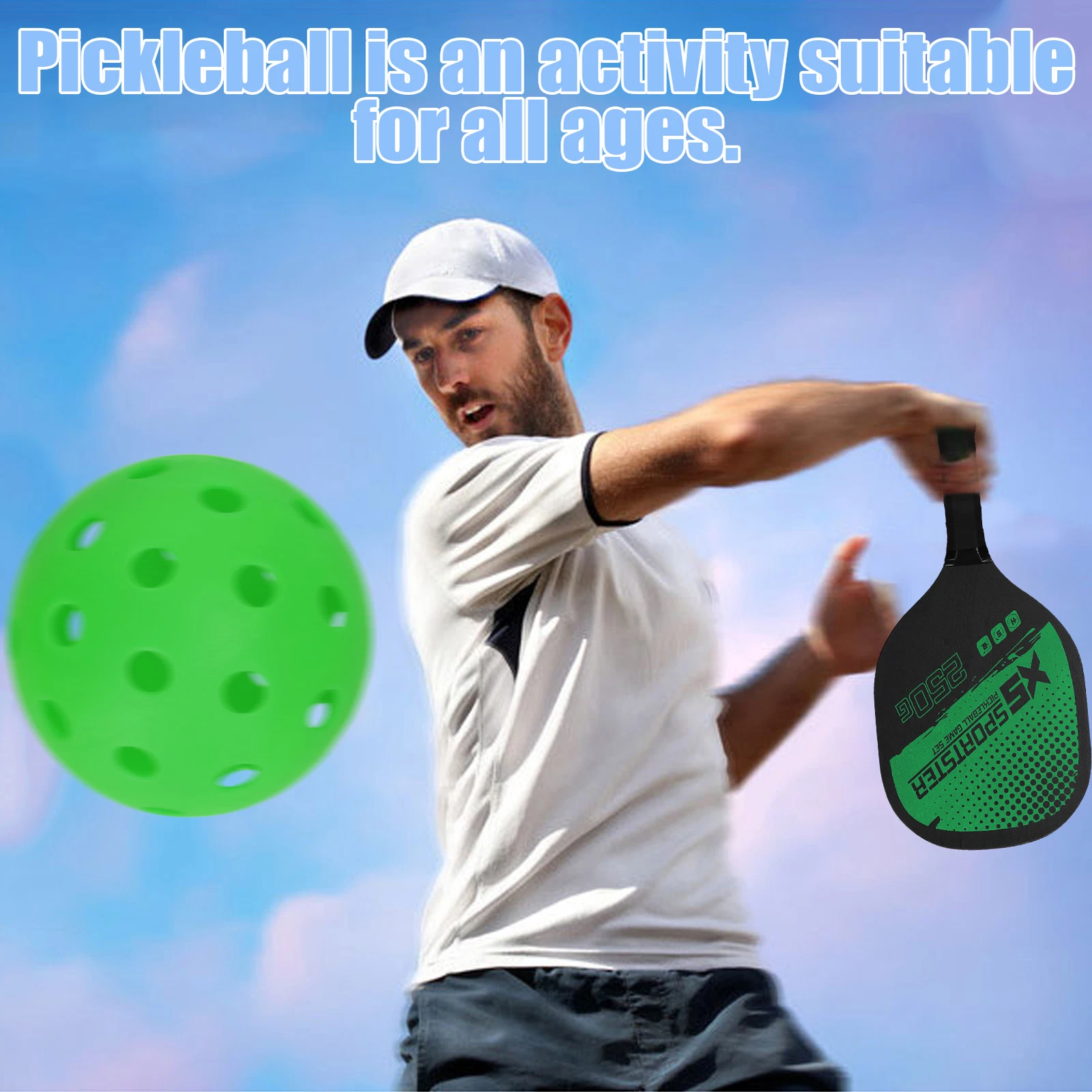 Pickleball set displayed with paddles crossed and balls in front