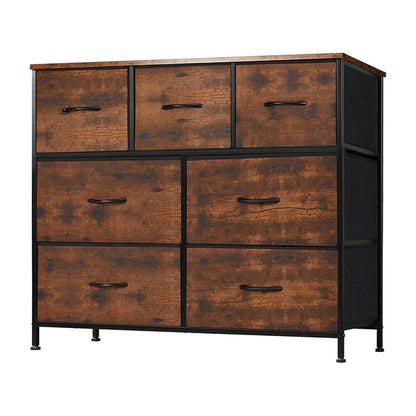 7 Drawer Lowboy chest of drawers showing rust fabric drawers