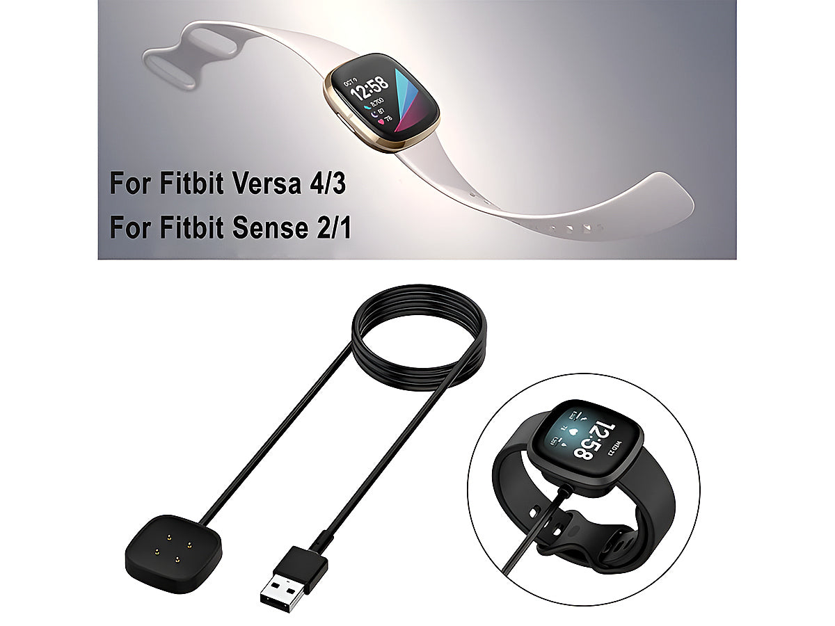 Close up of Fitbit Versa 3 4 charging cable plug in black colour