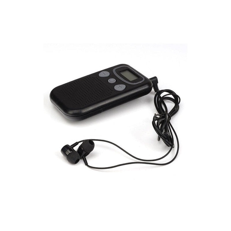 Ear hearing aids device showing front view with black plastic casing