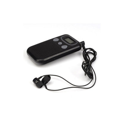 Ear hearing aids device showing front view with black plastic casing