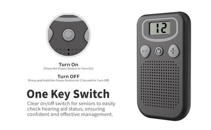 Ear hearing aids device in black colour resting on a flat surface