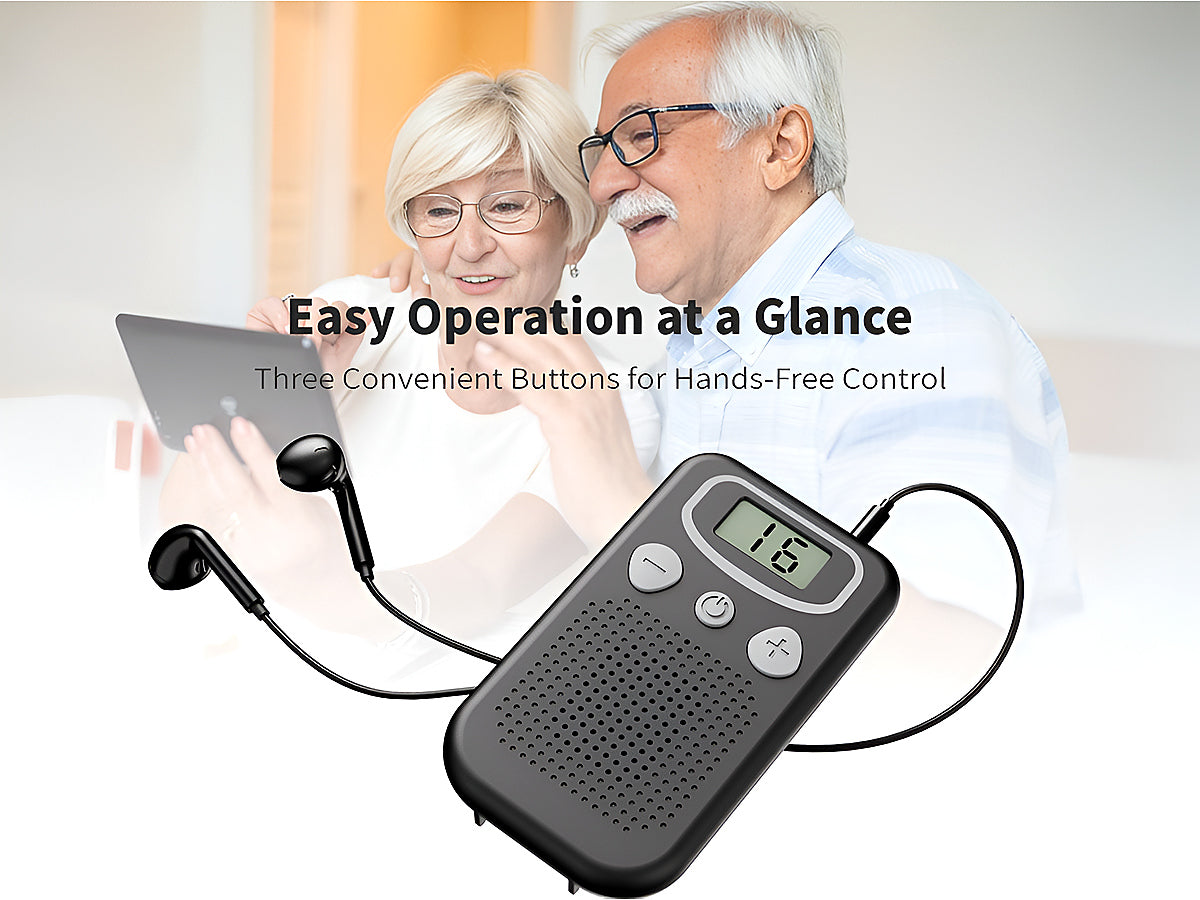 Ear hearing aids device with volume control buttons visible