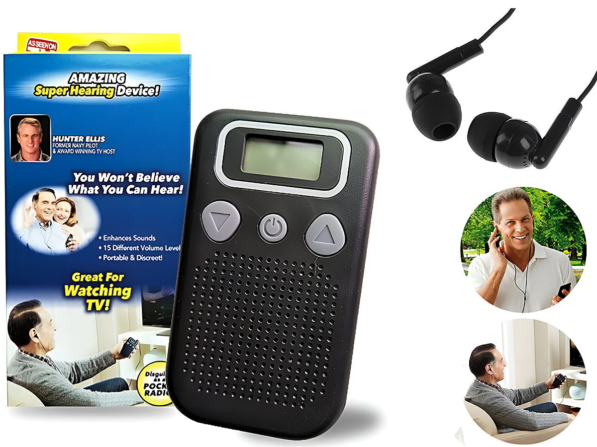 Black ear hearing aids device with headphone-style design