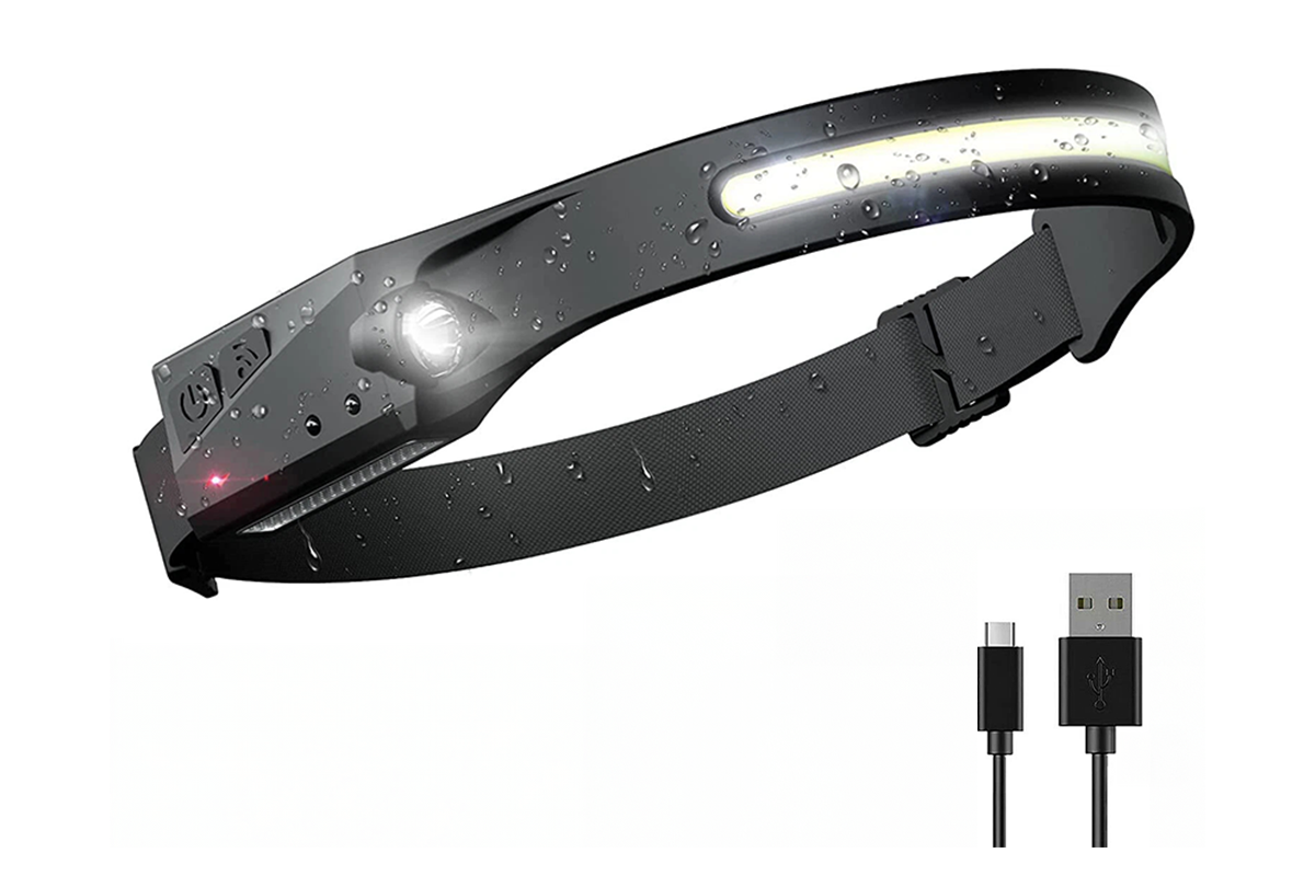Side angle of LED head torch highlighting motion sensor feature