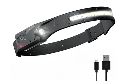 Side angle of LED head torch highlighting motion sensor feature
