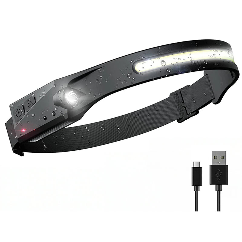 LED head torch front view showing black adjustable strap