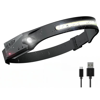LED head torch front view showing black adjustable strap