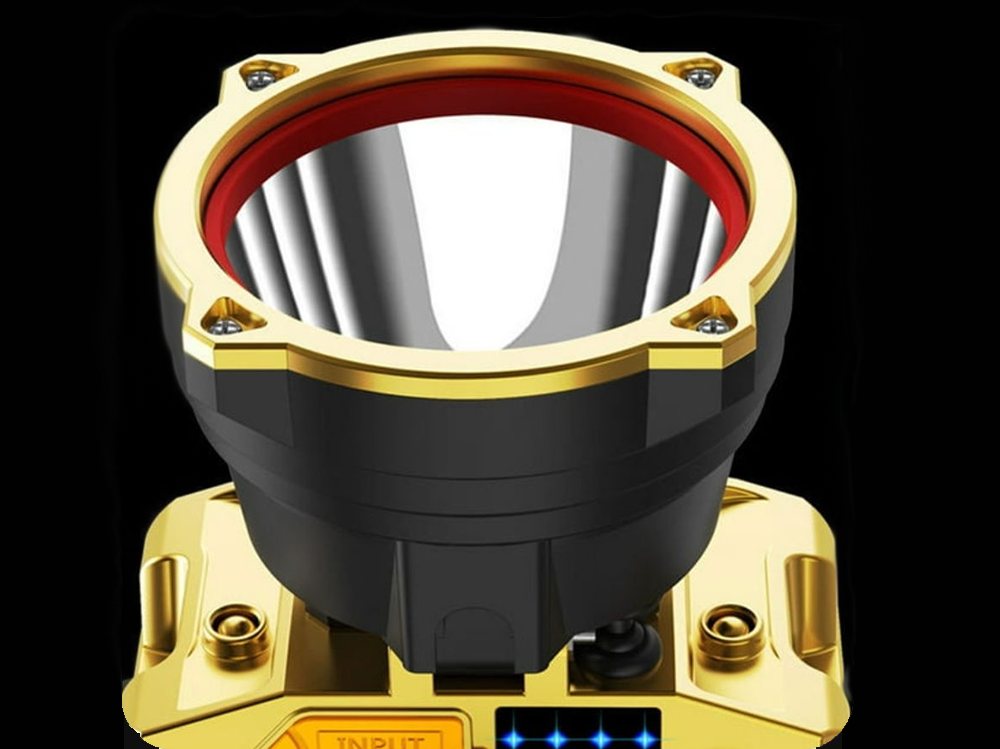 Rechargeable head torch headlamp showing IP66 waterproof label