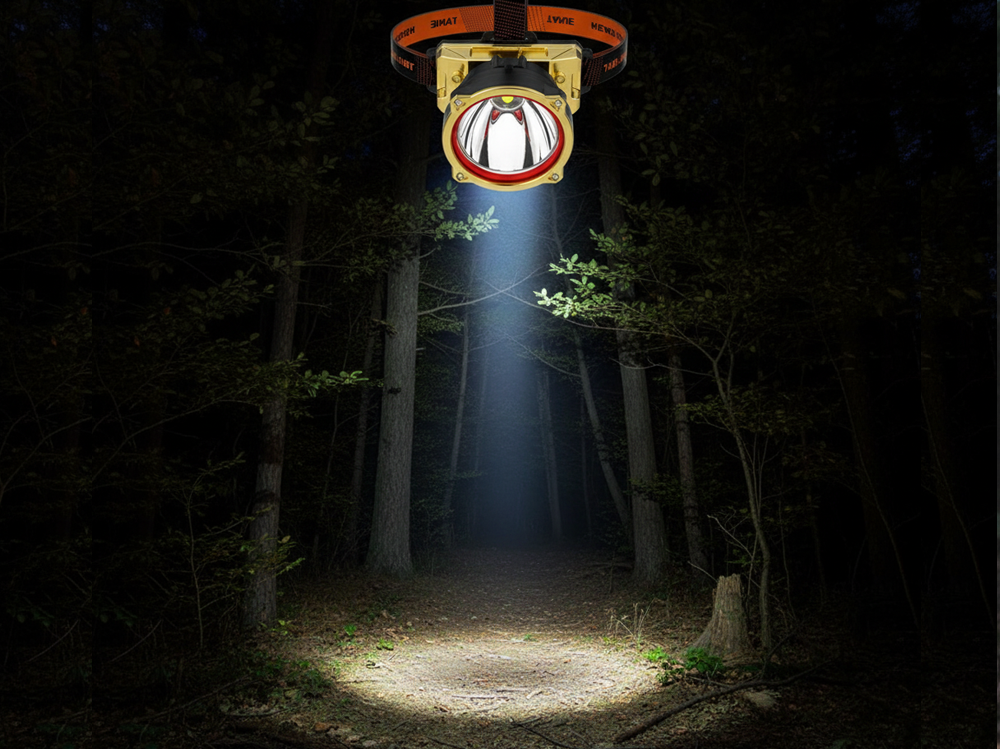 Rechargeable head torch headlamp showing IP66 waterproof label
