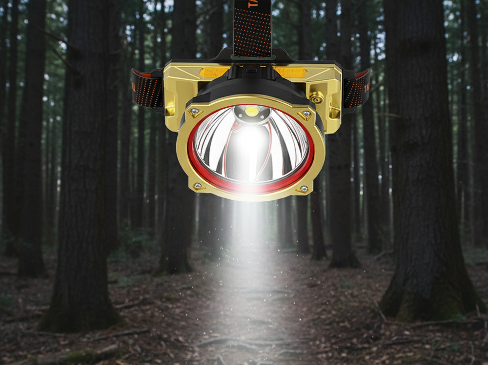 Rechargeable head torch headlamp showing IP66 waterproof label