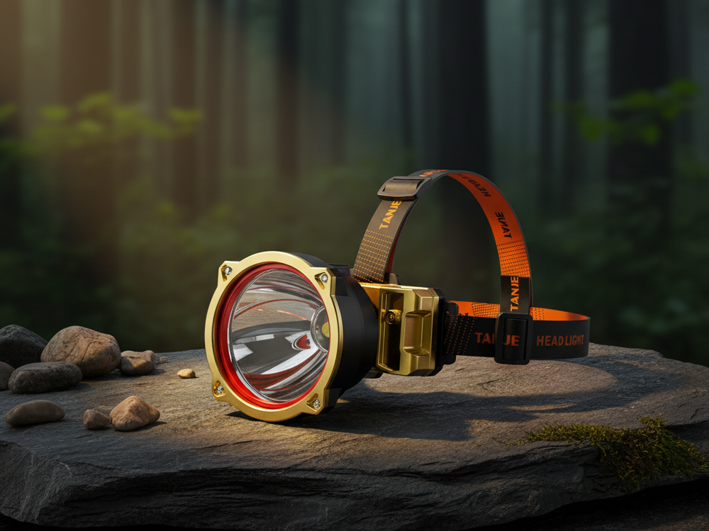 Rechargeable head torch headlamp showing IP66 waterproof label