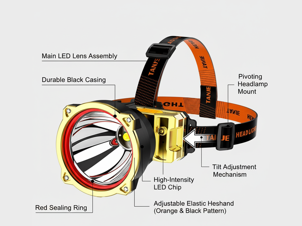 Rechargeable head torch headlamp showing IP66 waterproof label
