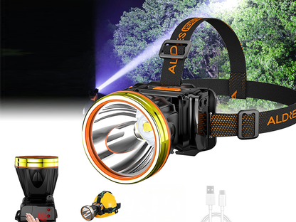 Close-up of USB charging port on rechargeable head torch headlamp