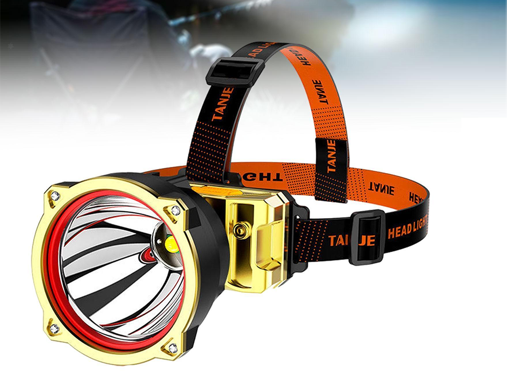 Rechargeable head torch headlamp beam illuminating dark trail