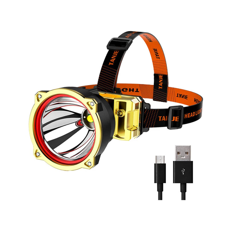 Rechargeable head torch headlamp front view showing LED lights