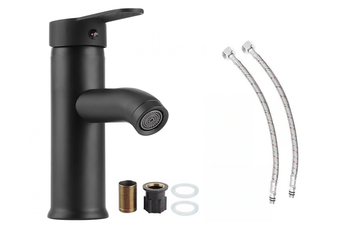 Close up of black stainless steel basin mixer tap handle