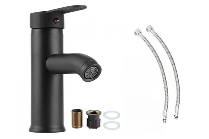 Close up of black stainless steel basin mixer tap handle